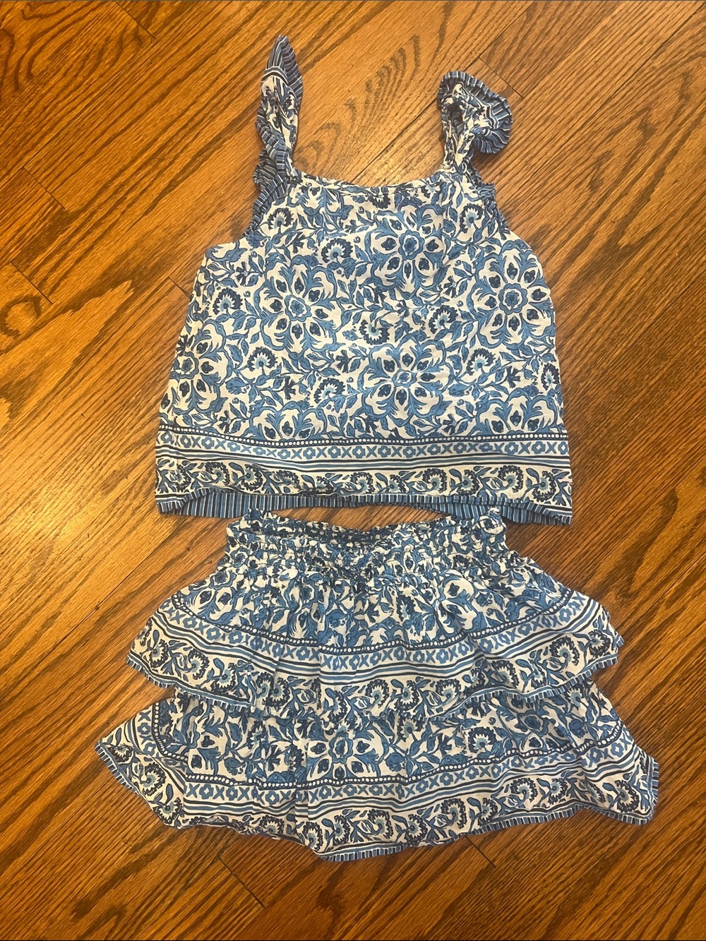 Blue and White Floral Two-Piece Top and Tiered Skirt Set